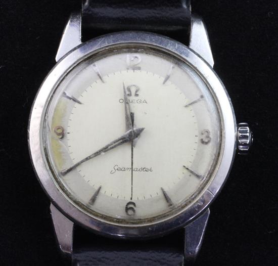 A gentlemans 1950s stainless steel Omega Seamaster manual wind wrist watch,